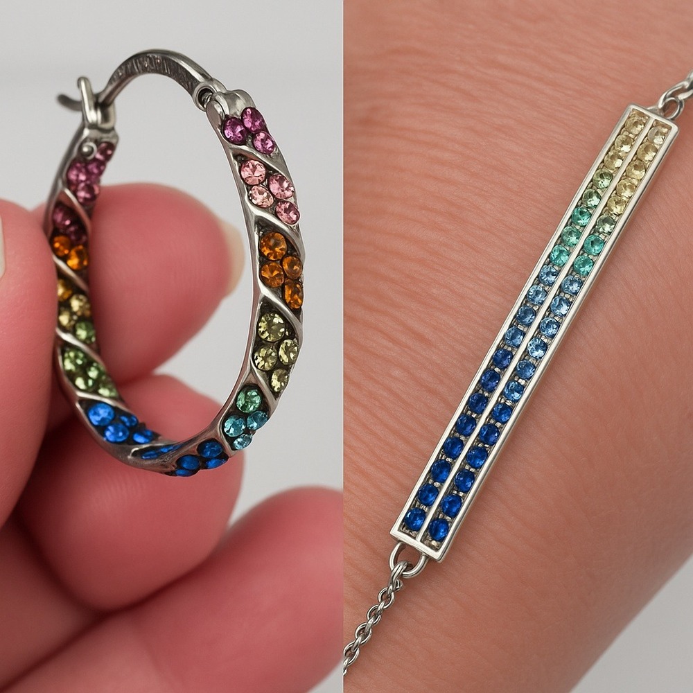 Rainbow CZ Hoop Earrings Set with Adjustable‎ Bolo Bracelet Pride Sparkly Glam